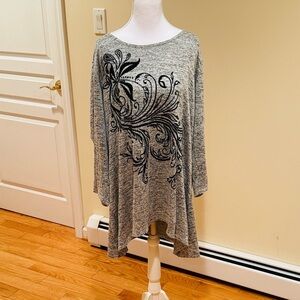 Chic Gray Women's Asymmetrical Tunic with Black Floral Textured Design, soft